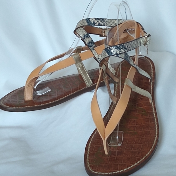 Sam Edelman Leather Strappy Ankle Sandals Tan Snake Print Sz 8 'Garrick' - Picture 1 of 8